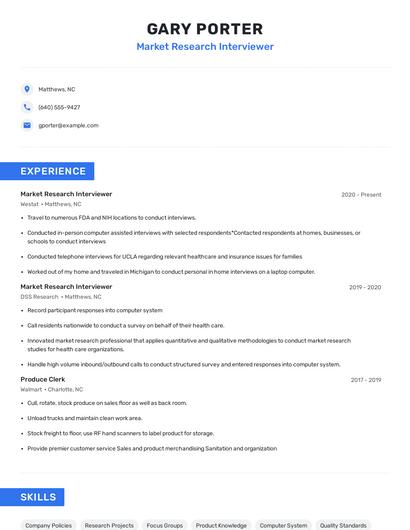 Market Research Interviewer Resume