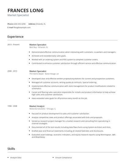 Market Specialist Resume