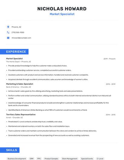 Market Specialist Resume