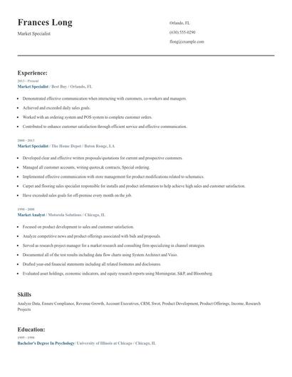 Market Specialist Resume