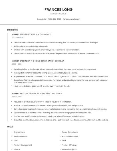 Market Specialist Resume