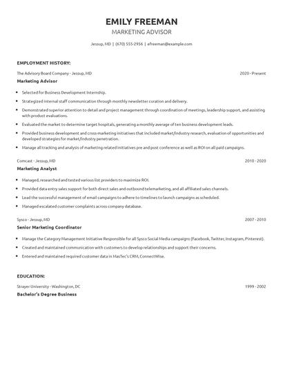 Marketing Advisor Resume