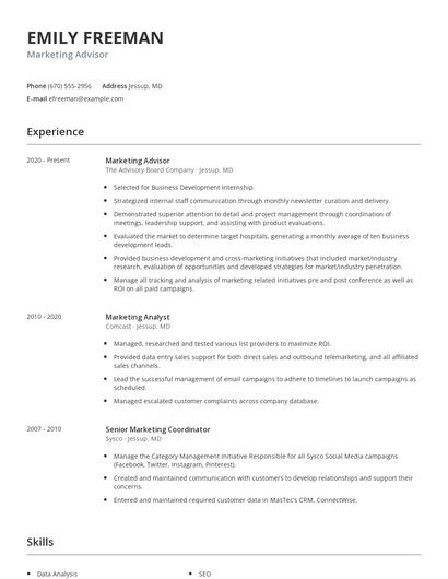 Marketing Advisor Resume