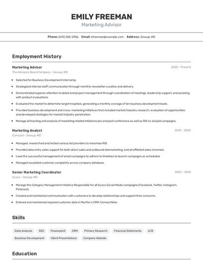 Marketing Advisor Resume