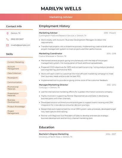 Marketing Advisor Resume
