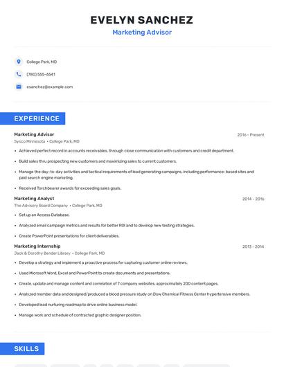 Marketing Advisor Resume