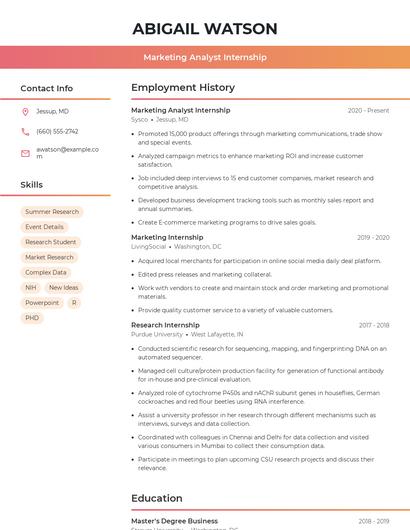Marketing Analyst Internship Resume