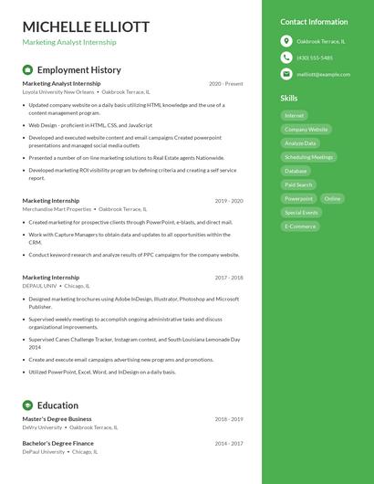 Marketing Analyst Internship Resume