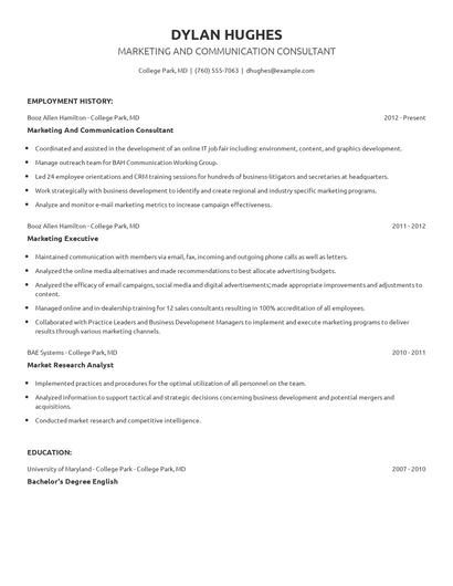 Marketing And Communication Consultant Resume