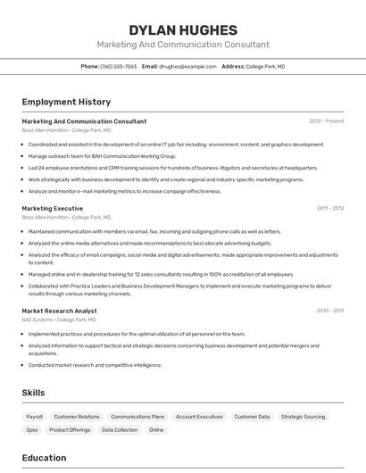 Marketing And Communication Consultant Resume