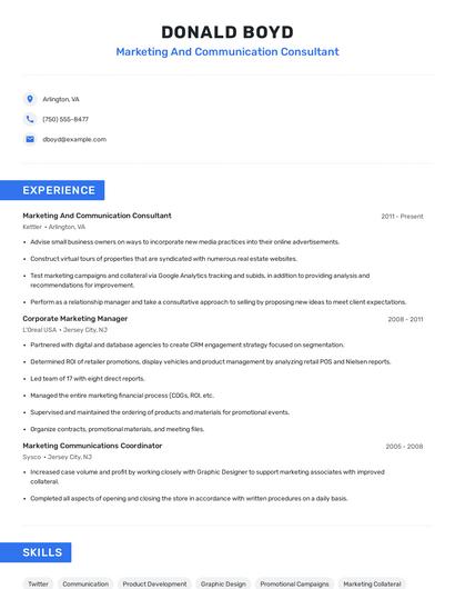 Marketing And Communication Consultant Resume