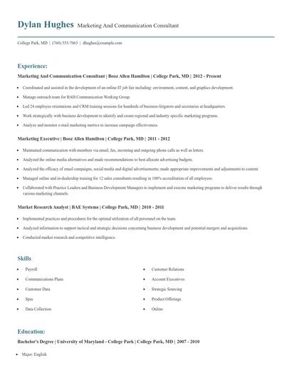 Marketing And Communication Consultant Resume