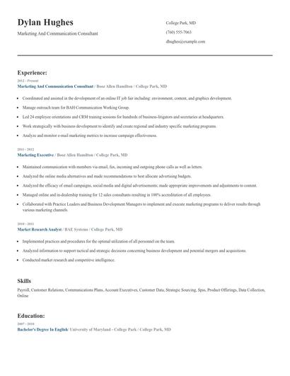 Marketing And Communication Consultant Resume