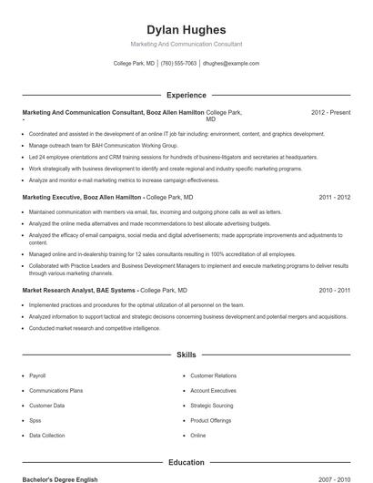 Marketing And Communication Consultant Resume