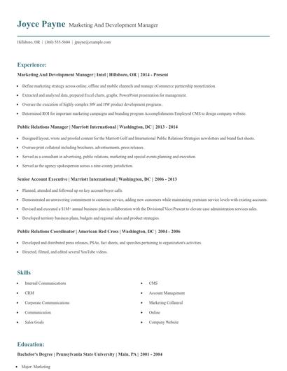 Marketing And Development Manager Resume