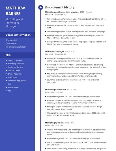 Marketing And Promotions Manager Resume