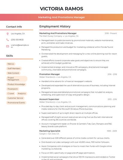 Marketing And Promotions Manager Resume