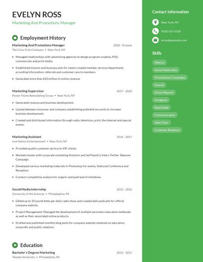 Marketing And Promotions Manager Resume