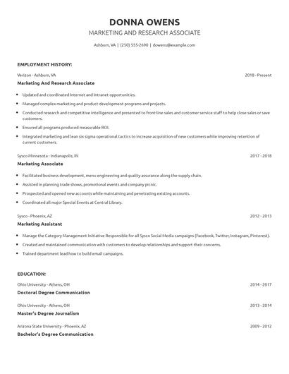 Marketing And Research Associate Resume