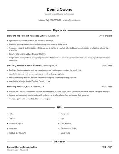 Marketing And Research Associate Resume