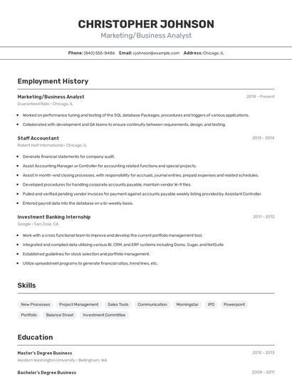 Marketing/Business Analyst Resume