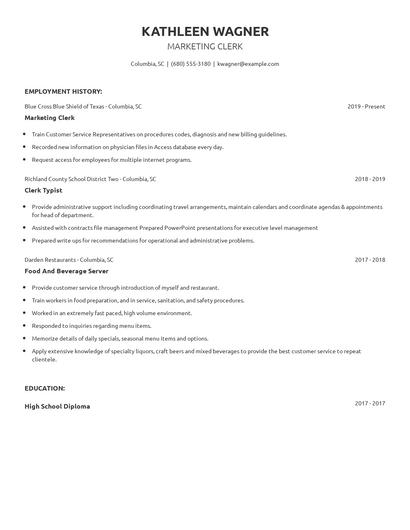 Marketing Clerk Resume