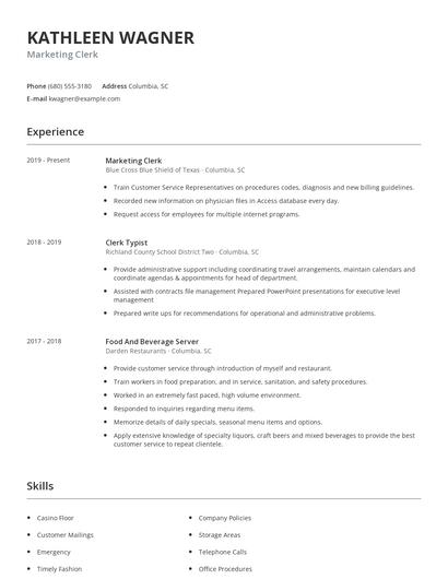 Marketing Clerk Resume