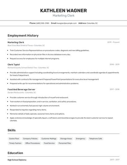 Marketing Clerk Resume