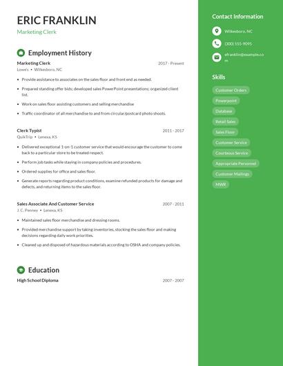 Marketing Clerk Resume