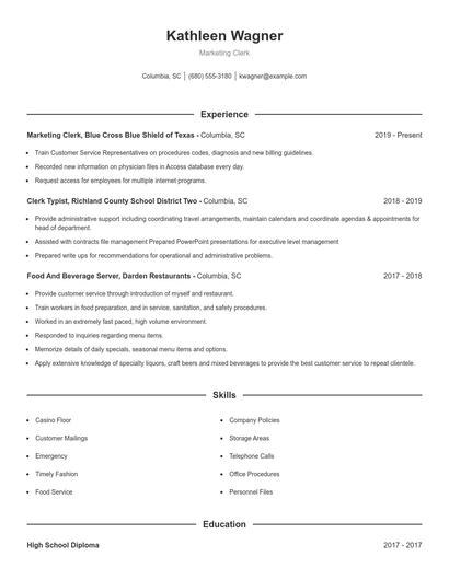 Marketing Clerk Resume