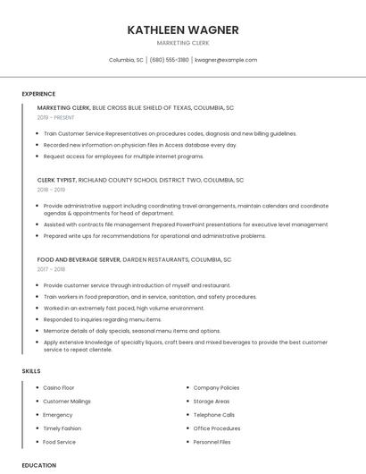 Marketing Clerk Resume