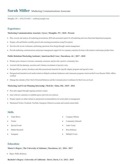 Marketing Communications Associate Resume