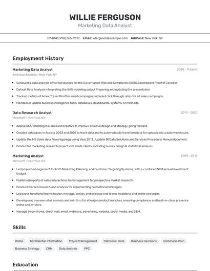 Marketing Data Analyst Resume