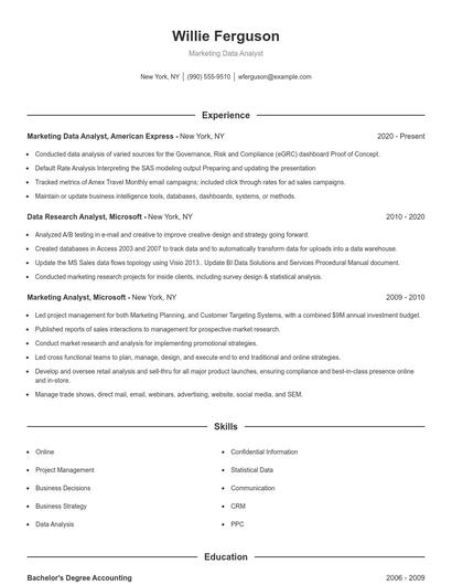 Marketing Data Analyst Resume