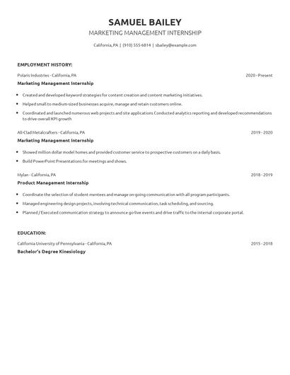 Marketing Management Internship Resume