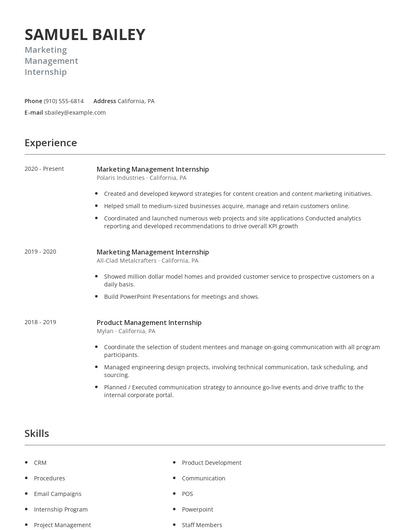 Marketing Management Internship Resume