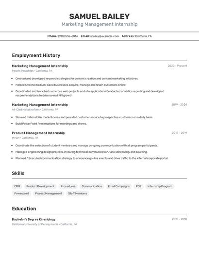 Marketing Management Internship Resume