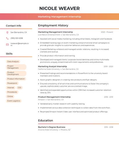 Marketing Management Internship Resume