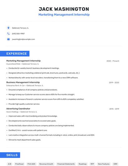 Marketing Management Internship Resume