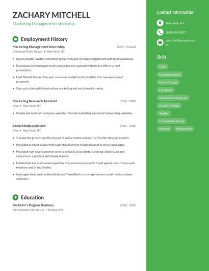 Marketing Management Internship Resume