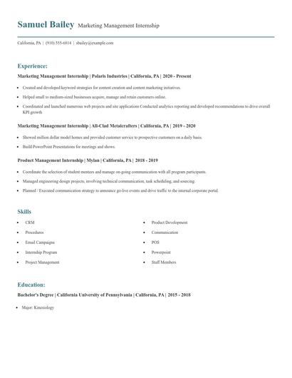 Marketing Management Internship Resume