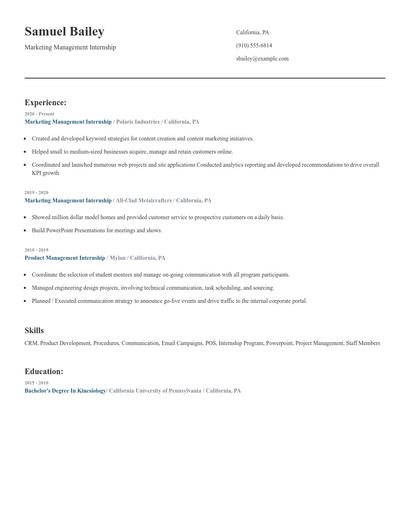 Marketing Management Internship Resume