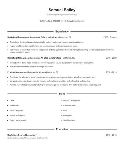 Marketing Management Internship Resume