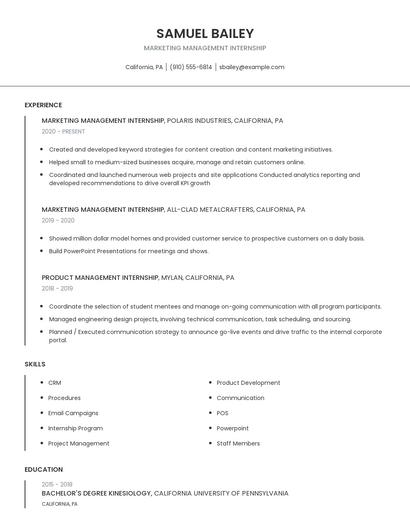 Marketing Management Internship Resume