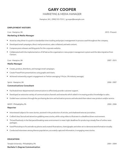 Marketing & Media Manager Resume