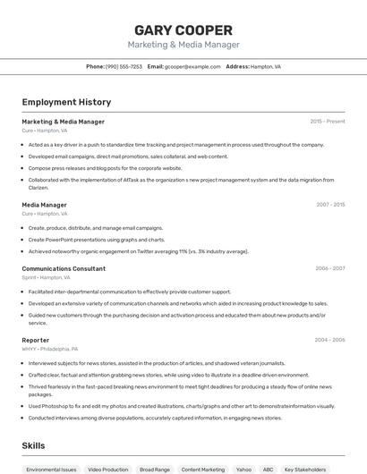 Marketing & Media Manager Resume