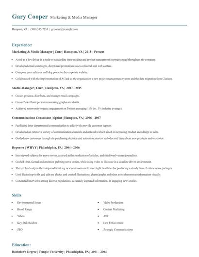 Marketing & Media Manager Resume