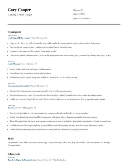 Marketing & Media Manager Resume