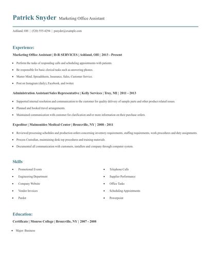 Marketing Office Assistant Resume