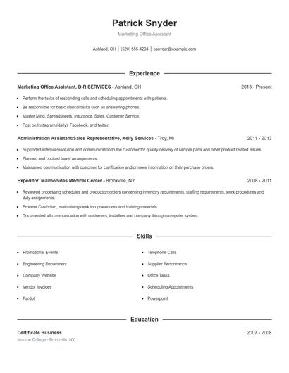 Marketing Office Assistant Resume